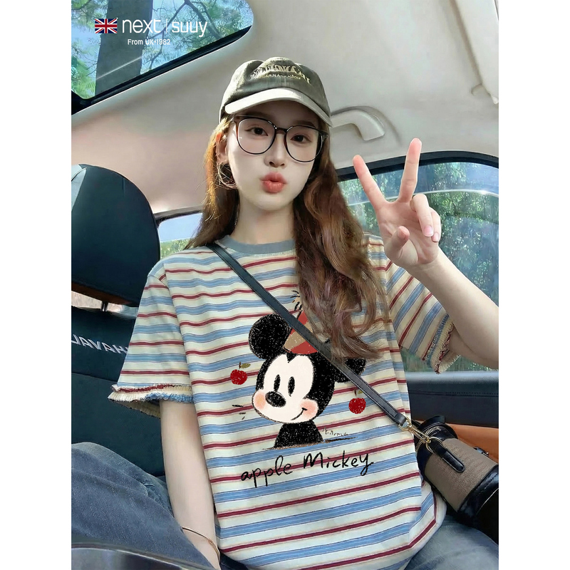 Next Suuy Uk Collaboration Red and Blue Striped Cartoon Pure Cotton Short-Sleeve T-Shirt for Women, Summer 2026 New Style, Casual Top