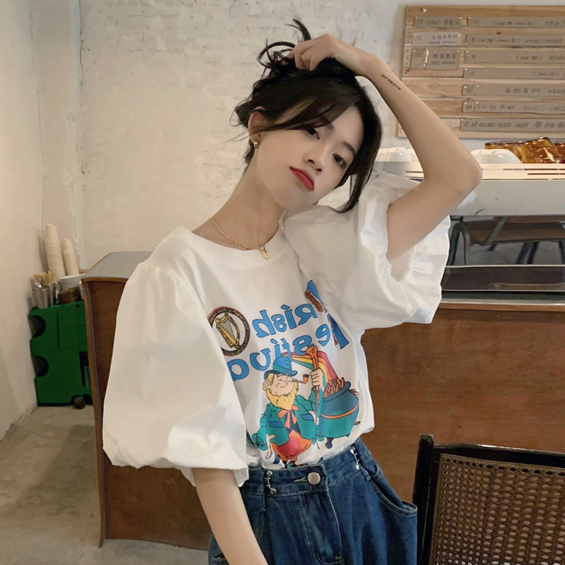 White Short-Sleeve T-Shirt for Women, Summer 2026 New Style, Loose Korean Chic Puff Sleeve Top with Unique Design