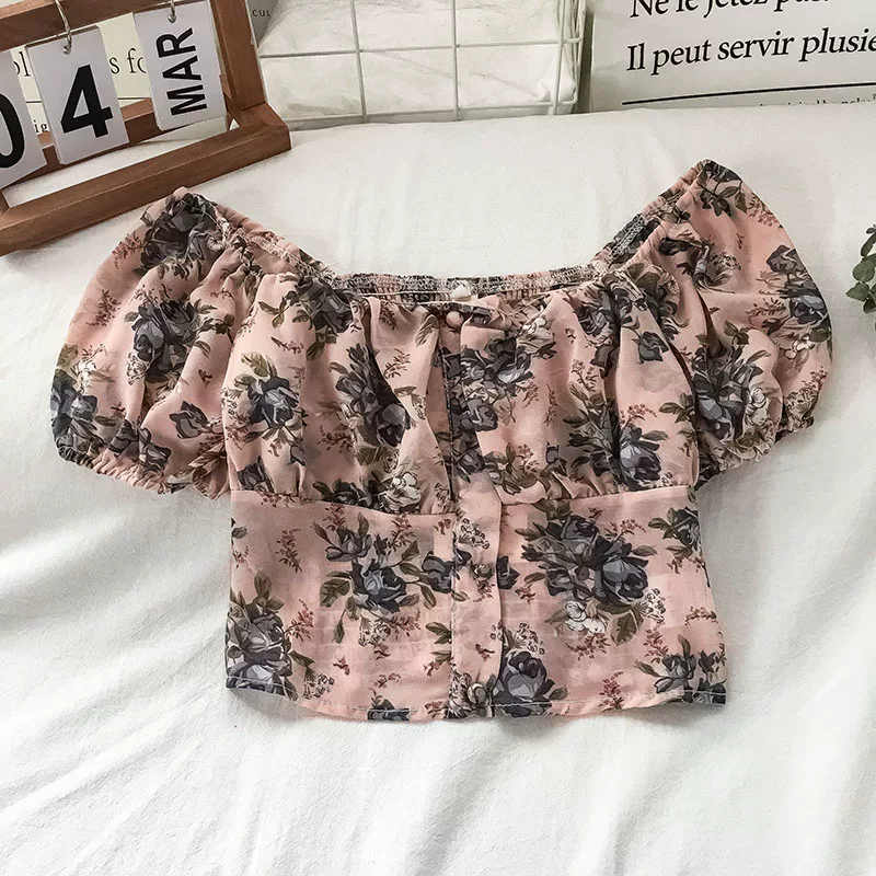Будьте осторожны, sexy шифоновая блузка с one-shoulder, женский летний топ короткого стиля, цветочная цветочная блузка, дизайн с коротким рукавом
