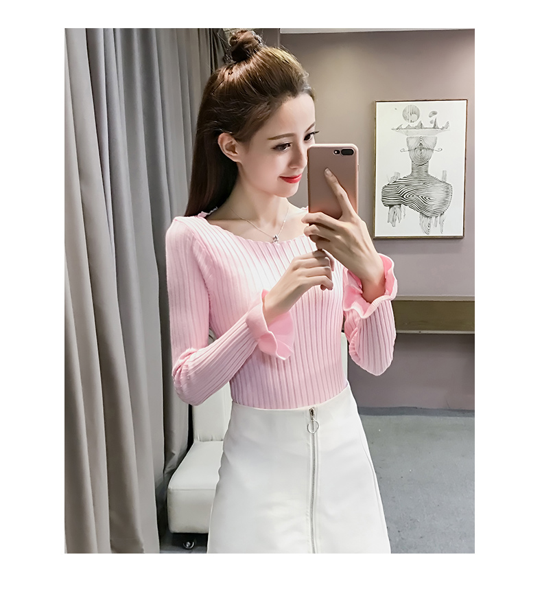 Mùa xuân và mùa thu mới Áo dài tay mỏng Slim Joker Trumpet Tay áo Học sinh Áo rời của phụ nữ Áo dệt kim đan đáy áo kiểu nữ hàn quốc cao cấp
