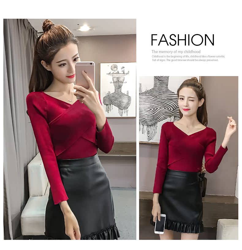 Áo len lụa nữ dài tay 2019 mùa thu mới chic port rượu v cổ ngắn màu đen rắn áo khoác len