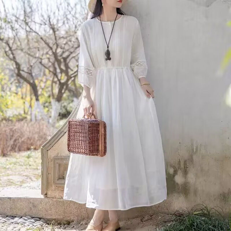 Artistic and Elegant White Ramie Dress for Women, New Summer Style, Waist-Cinching, Slimming, Large Hem Skirt, Vacation Beach Long Dress Artistic and Elegant White Ramie Dress for Women, New Summer Style, Waist-Cinching, Slimming, Large Hem Skirt, Vacation Beach Long Dress