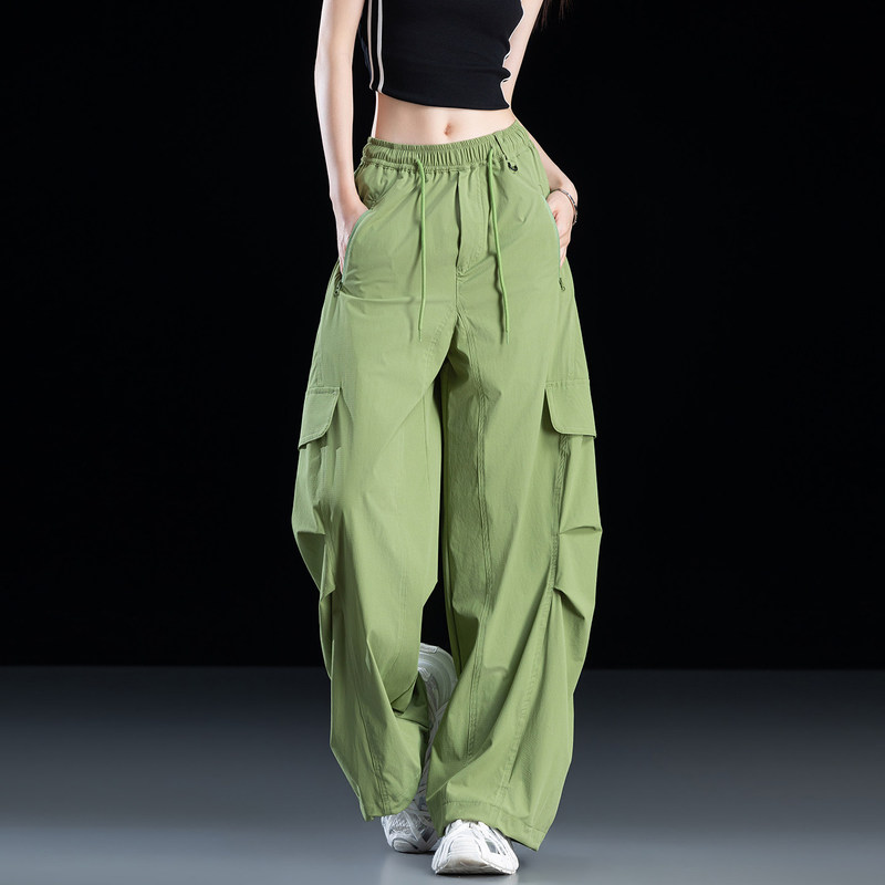Green Cargo Pants for Women, New Summer Style, Cool and Stylish Paratrooper Pants, Thin Hiking Pants, Breathable, Loose, Wide-Leg Casual Pants