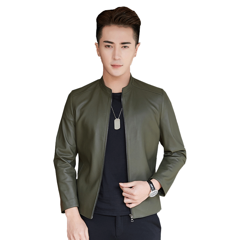 Leather jacket da đầu máy dài sleeveth mỏng Hàn Quốc phiên bản của cổ áo đẹp trai trẻ cừu Haining da áo khoác