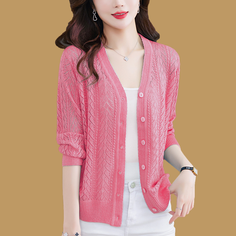 Brand Women's Clothing, Thin Mulberry Silk Knitted Cardigan, Summer Outerwear, Loose Shawl, Crochet Hollow-Out Sun Protection Top
