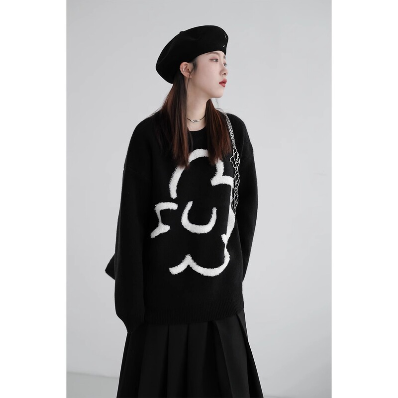 Mohair Soft Sweater for Women, Autumn and Winter 2025 New Style, Black Round Neck Knitwear, Lazy Style Loose Pullover Top