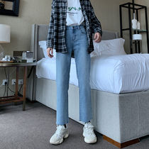 High waist straight jeans womens autumn stretch loose thin nine points plus size fat MM small man eight points cigarette tube pants