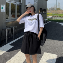 Hedo black sports shorts Women summer loose high waist wear straight tube pants casual wide legs 5 five five pants tide ins