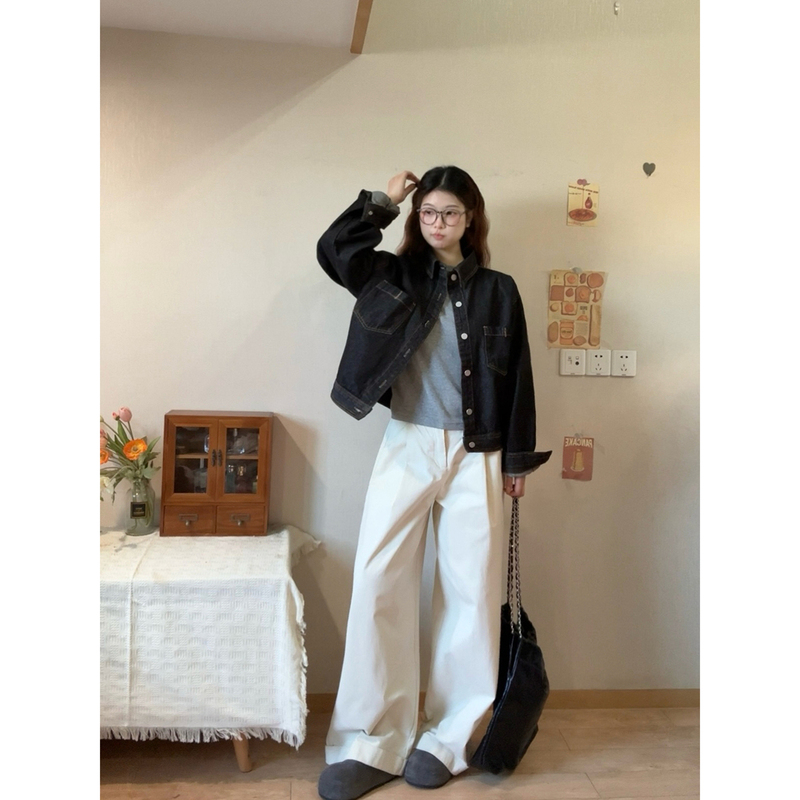 Heduo Korean Style Original Color Denim Jacket 2025 Spring and Autumn New Short Loose Black Jacket Petite Jacket