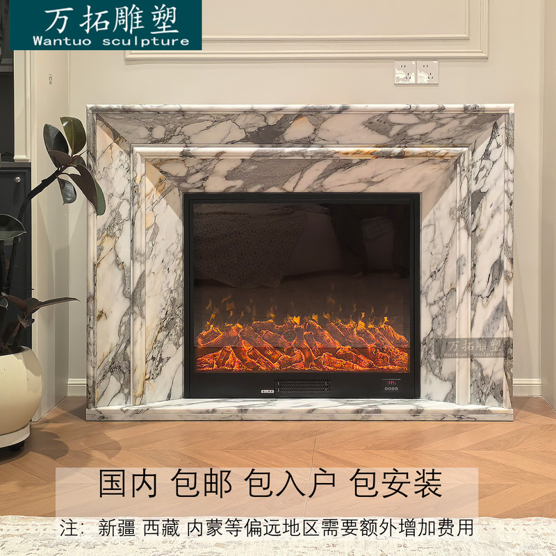 French-Style Vintage Natural Marble Fireplace Decorative Cabinet, Living Room High-End Large White Stone Fireplace, Simple Fireplace French-Style Vintage Natural Marble Fireplace Decorative Cabinet, Living Room High-End Large White Stone Fireplace, Simple Fireplace