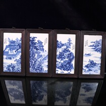 tao ci hua hand-painted vintage framed Jingdezhen porcelain painting Wood si tiao ping Vitrolite painting blue-and-white mountains stream tu set