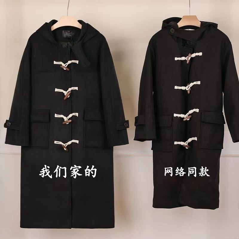 Black Woolen Coat with Toggle Buttons for Women, Autumn and Winter 2025 New Style, Mid-Length, Petite Size, Hooded Woolen Jacket, Thickened