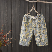 Autumn series Original retro printed denim 50% Pants Woman Summer Dress New Tightness Waist Shorts Woman Straight Drum Loose Pants