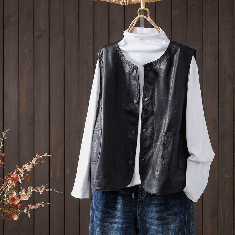 Autumn New High-End Black Pu Soft Leather Vest for Women, Petite Sleeveless Vest Jacket, Versatile Layering Waistcoat