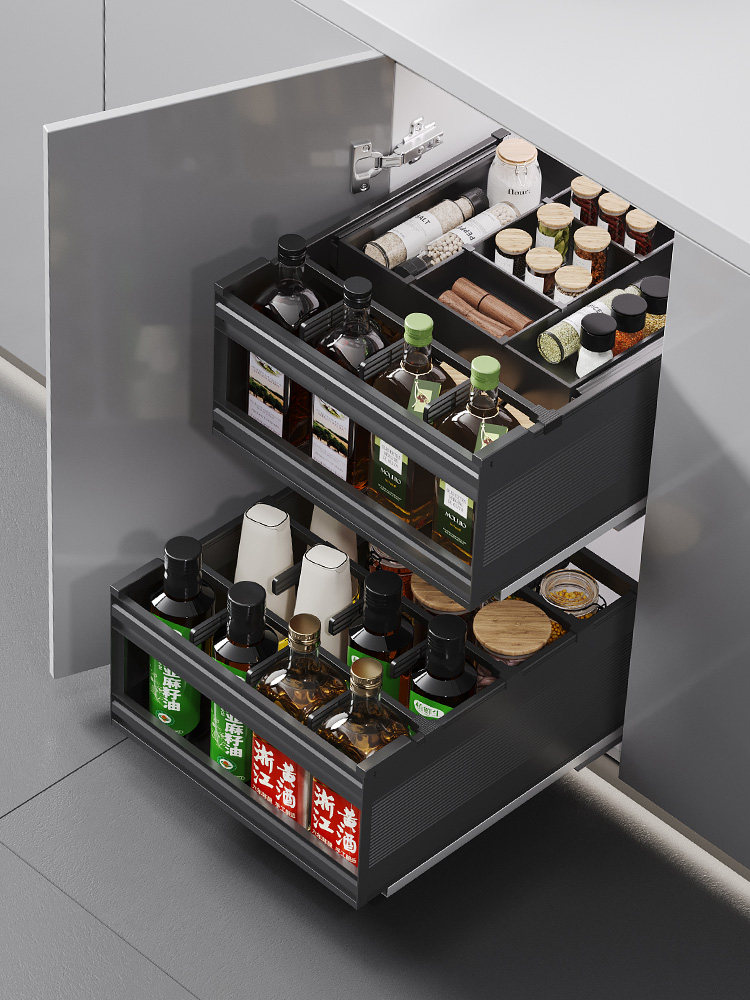Seasoning Basket Kitchen Cabinet Drawer-Type Bowl Basket Bowl Rack Aluminum Alloy Double-Layer Storage Rack Narrow Cabinet Kitchen Cabinet Seasoning Basket