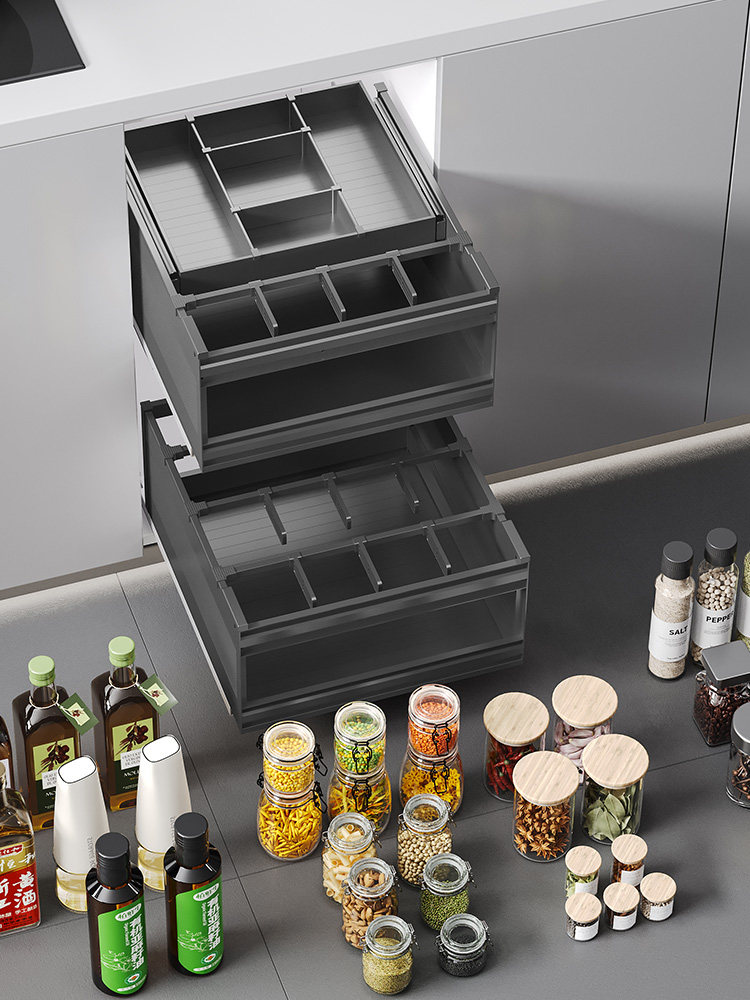 Seasoning Basket Kitchen Cabinet Drawer-Type Bowl Basket Bowl Rack Aluminum Alloy Double-Layer Storage Rack Narrow Cabinet Kitchen Cabinet Seasoning Basket