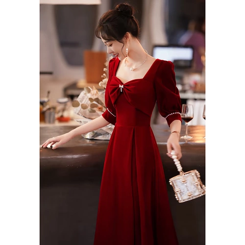 Бархатное вечернее платье, бордовое летнее свадебное платье, изысканный стиль