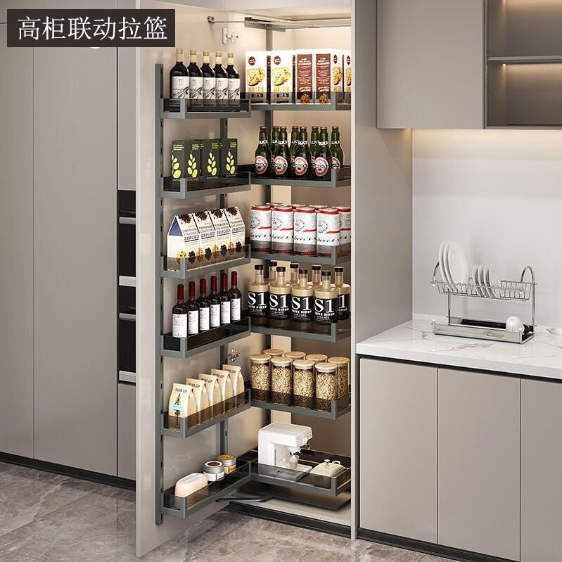 All-Aluminum Tall Cabinet with Large Pull-Out Baskets, Snack Cabinet, Spice Basket, Damping Rail, Deep and Large Capacity Storage Cabinet