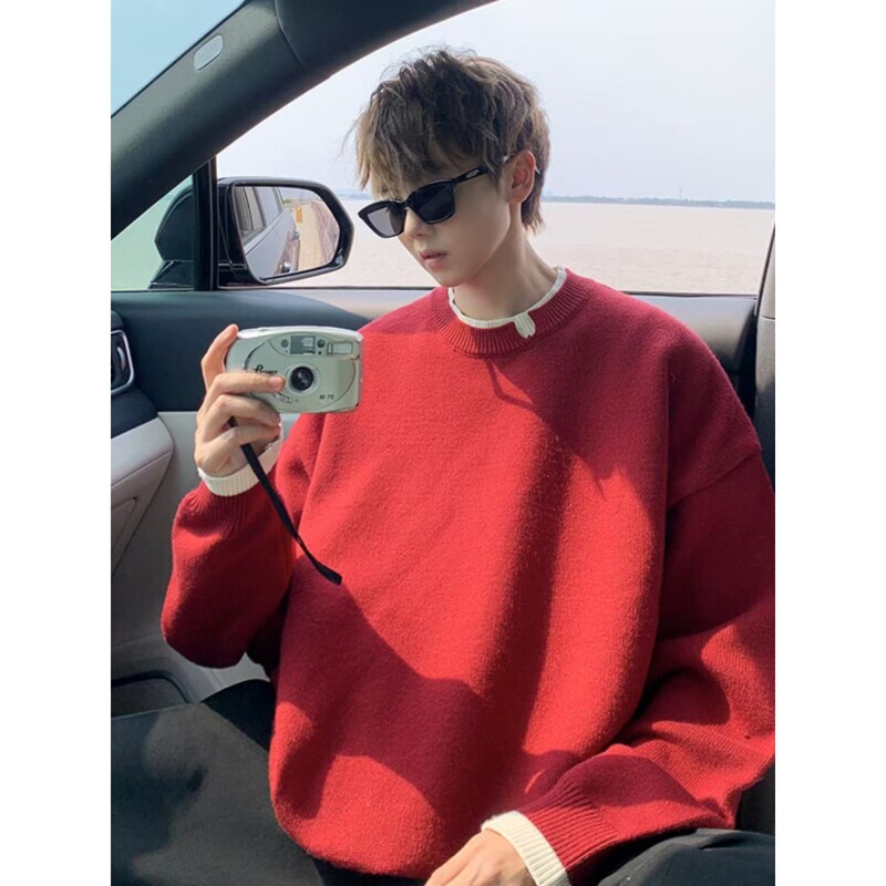 Autumn and Winter Men's Long-Sleeved Christmas Red Couple's Sweater, New Style Fake Two-Piece Knitwear, Trendy Base Knit Shirt Autumn and Winter Men's Long-Sleeved Christmas Red Couple's Sweater, New Style Fake Two-Piece Knitwear, Trendy Base Knit Shirt