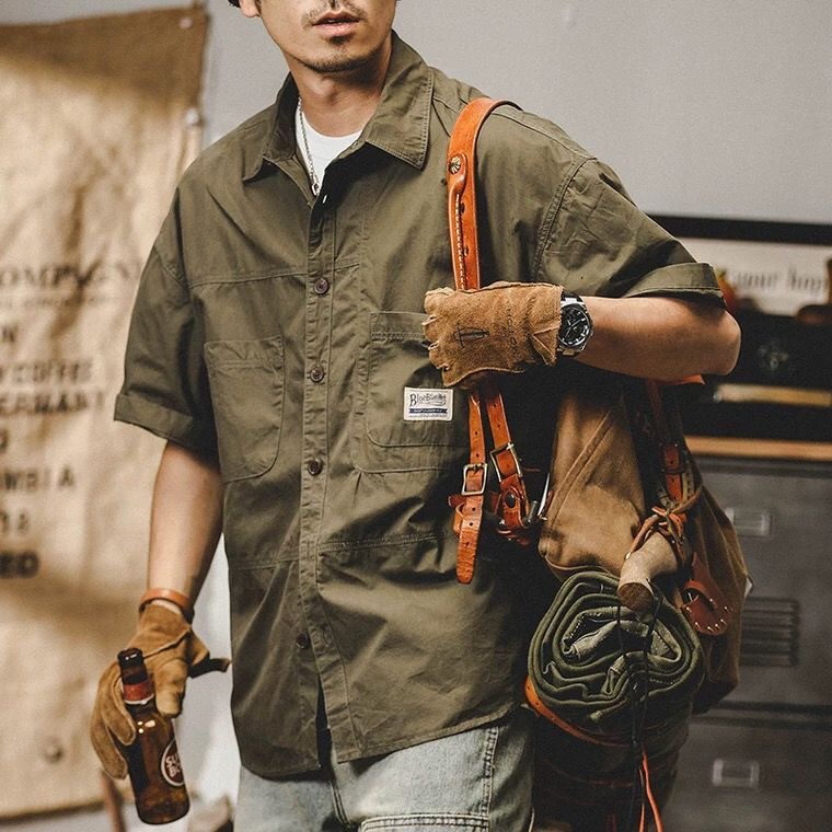 American Retro Pure Cotton Plus-Size Work Shirt for Men, Short-Sleeved Loose Fit, Summer High-End Long-Sleeved Shirt for Big Guys