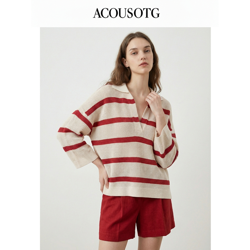 French-Style Striped Polo Collar Knit Sweater for Women, 2026 Spring New Pure Cotton Waffle Lazy Style Loose Slimming Top French-Style Striped Polo Collar Knit Sweater for Women, 2026 Spring New Pure Cotton Waffle Lazy Style Loose Slimming Top