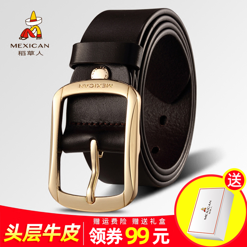 Rice straw man men's leather head leather head layer pure cow leather needle buckle belt youth Korean version of minimalist Tidal Bull Leather Pants Strap