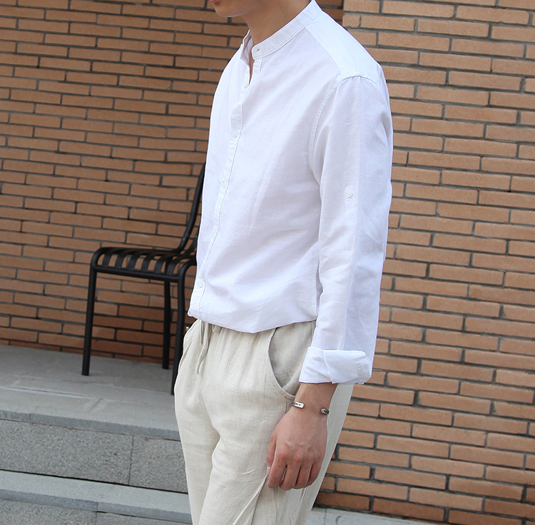 Title 9, Erkek Retro Dik Yakalı Keten Gömlek. Rahat ve ş...