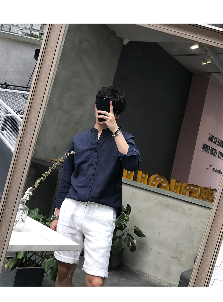 Title 18, Erkek Retro Dik Yakalı Keten Gömlek. Rahat ve ş...