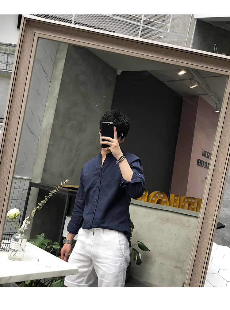 Title 19, Erkek Retro Dik Yakalı Keten Gömlek. Rahat ve ş...