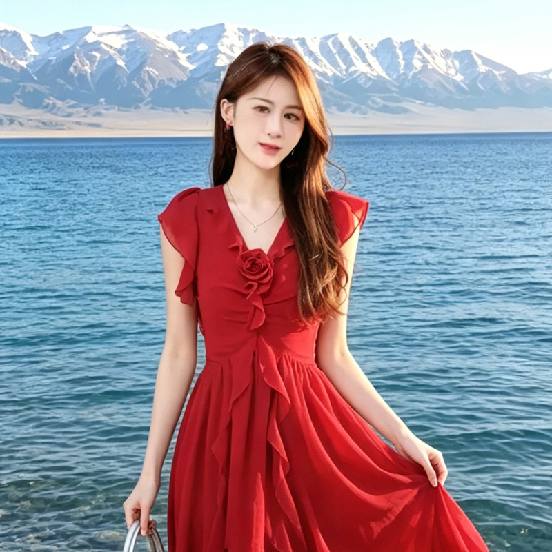 Red Dress for Seaside Vacation, Women's Beach Dress, Qinghai Inner Mongolia Grassland Travel Photo Dress, Desert Red Dress