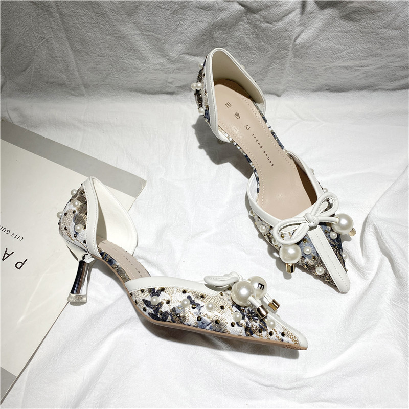 Floral high heels women's 2022 new net red pearl bow French temperament hollow shallow mouth stiletto shoes women