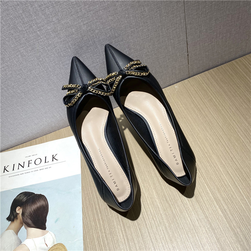 High heels women's 2022 new style not tired feet all-match net red bow pointed black work medium heel bag shoes women
