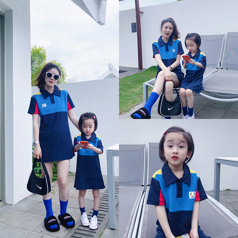 Summer 2022 new pro-son-daughter mother-daughter casual splicing foreign dress personality turning polo shirt short sleeve