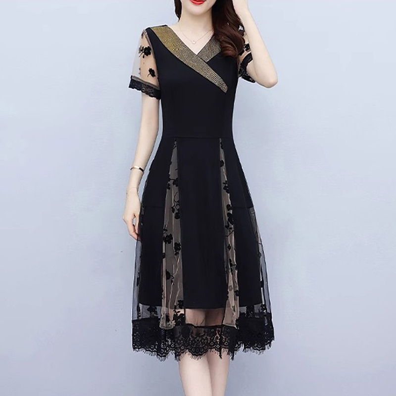 Elegant Suit Collar Beaded Short-Sleeved Dress, Plus Size, Waist-Cinching, Slimming, Mesh Splicing, Long Skirt, Women's Summer Wear