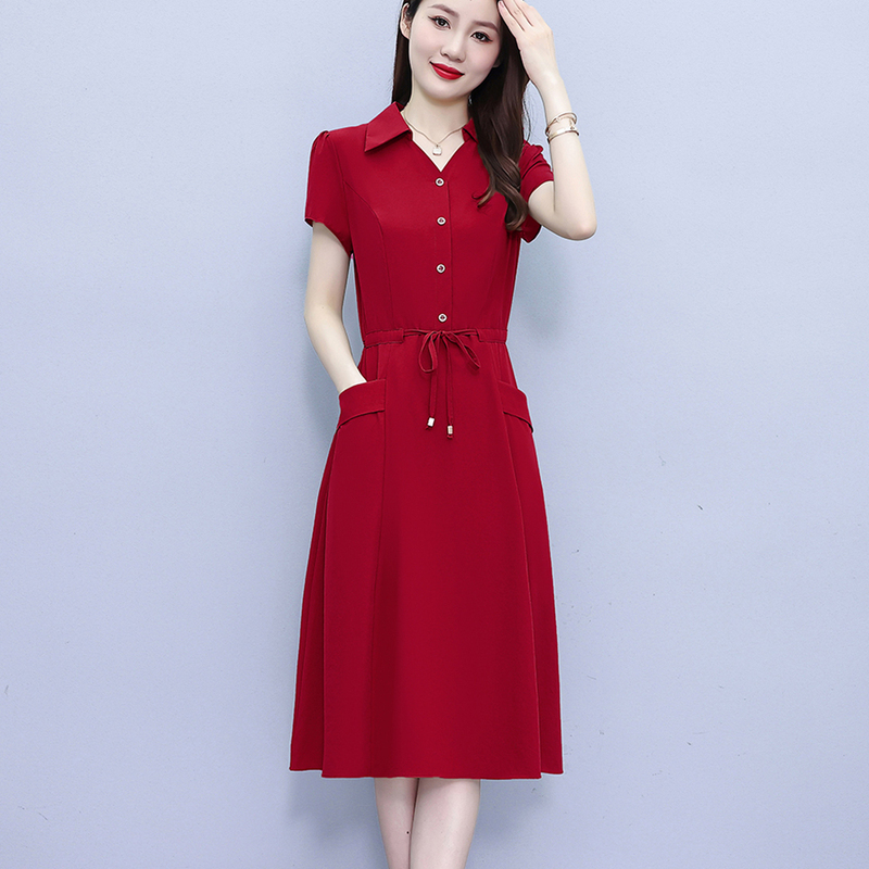 Noble and Stylish Short-Sleeved Dress, Cool Cotton Lace-Up Waist-Cinching Slimming Mid-Length Dress, Women's Summer New Style