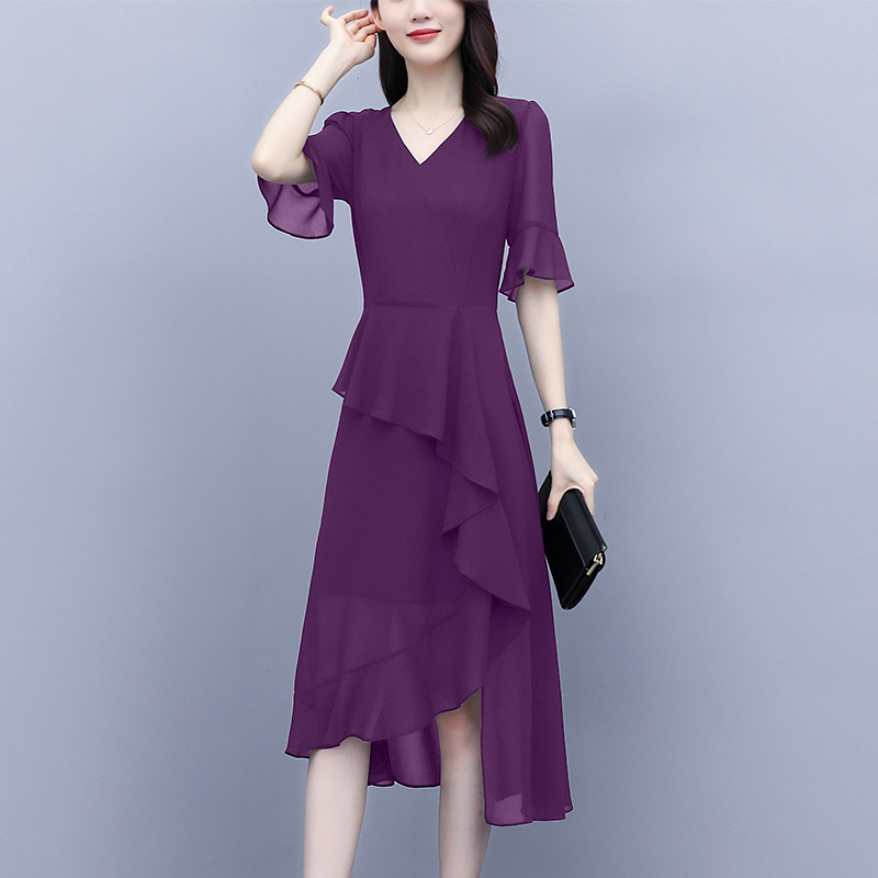 Irregular Chiffon Short-Sleeved Dress, Popular Style, Waist-Cinching, Slimming, Elegant and Stylish Long Dress for Women, 2026 Summer New Style