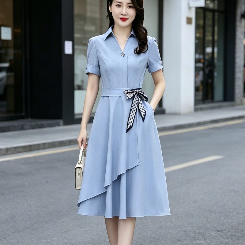 High-End, Elegant, Irregular Plus-Size Women's Dress, Fashionable Waist-Cinching, Slimming, Stylish, Tummy-Concealing, Age-Reducing Summer Dress