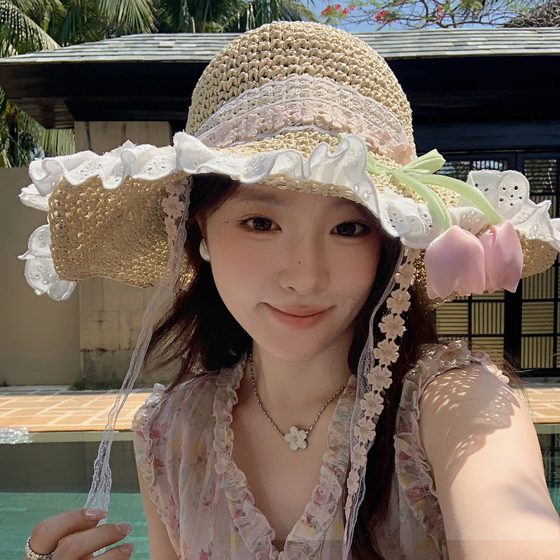 Floral Straw Hat with Lace Ties, French-Style Hat for Women, Summer Cool Hat, Children's Vacation Style, Beach Seaside Sun Protection Floral Straw Hat with Lace Ties, French-Style Hat for Women, Summer Cool Hat, Children's Vacation Style, Beach Seaside Sun Protection