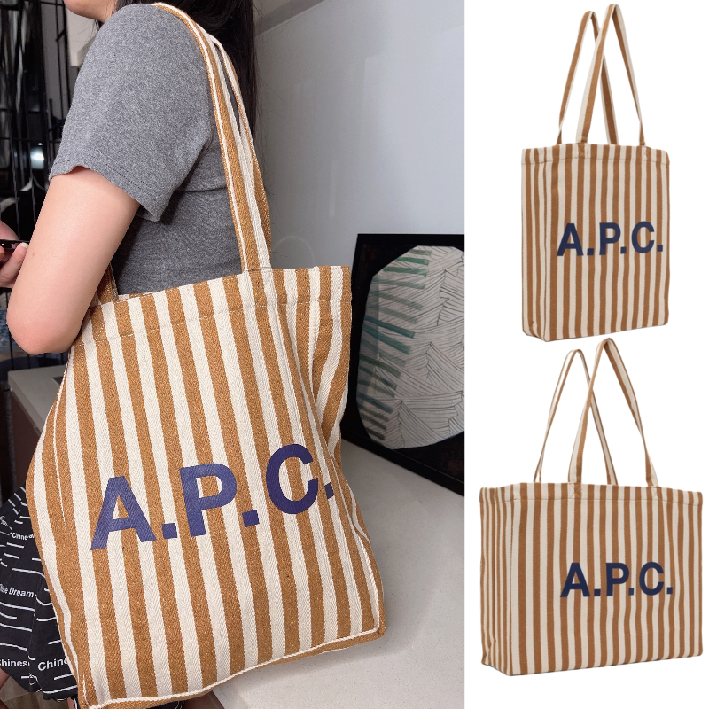 Apc Letter Stripe Large Capacity Canvas Bag Japanese Designer Brand Women's Vintage Shoulder Bag for Class and Commuting Summer