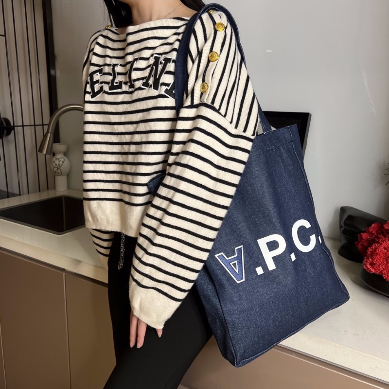 Apc Letter Embroidered Denim Canvas Bag Japanese Style Designer Women's Shoulder Bag for Commuting and College Students Tote Bag