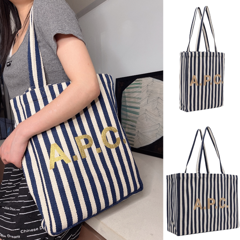 Apc Letter Stripe Large-Capacity Canvas Bag Japanese Designer Brand Female College Student Single-Shoulder Retro Commuter Bag