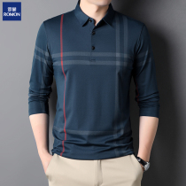 Romon brand middle-aged mens long-sleeved t-shirt ice silk autumn lapel loose dad suit business striped polo shirt