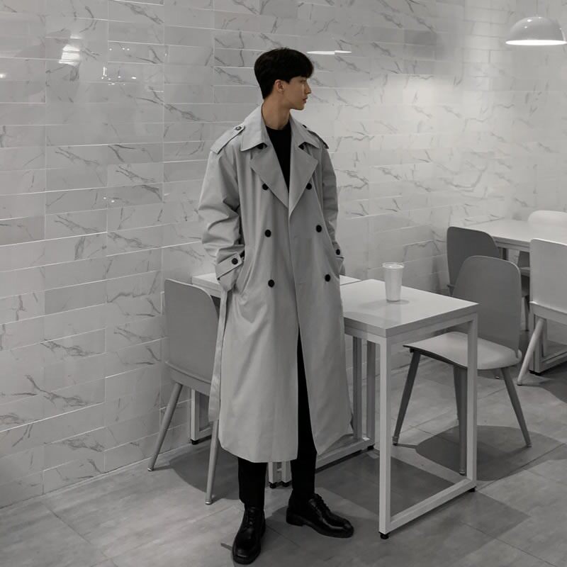 High-end double-breasted trench coat men's long knee-length autumn Korean style trendy handsome loose British casual coat