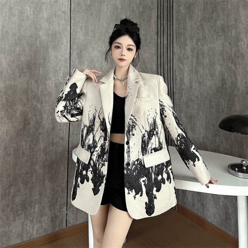 New Chinese-Style Ink Print Padded Shoulder Blazer for Women, Spring and Autumn, High-End Unisex Street Fashion Retro Bf Suit New Chinese-Style Ink Print Padded Shoulder Blazer for Women, Spring and Autumn, High-End Unisex Street Fashion Retro Bf Suit