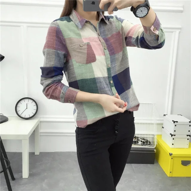 Qiqi mùa xuân và mùa thu mới kẻ sọc lớn cotton và vải lanh tay dài tay nữ tươi lỏng áo sơ mi hoang dã màu đáy áo áo sơ mi nữ dài tay công sở