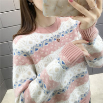 Autumn and winter 2021 new sweater womens loose outer wear jacket autumn color matching striped pullover sweater top trend
