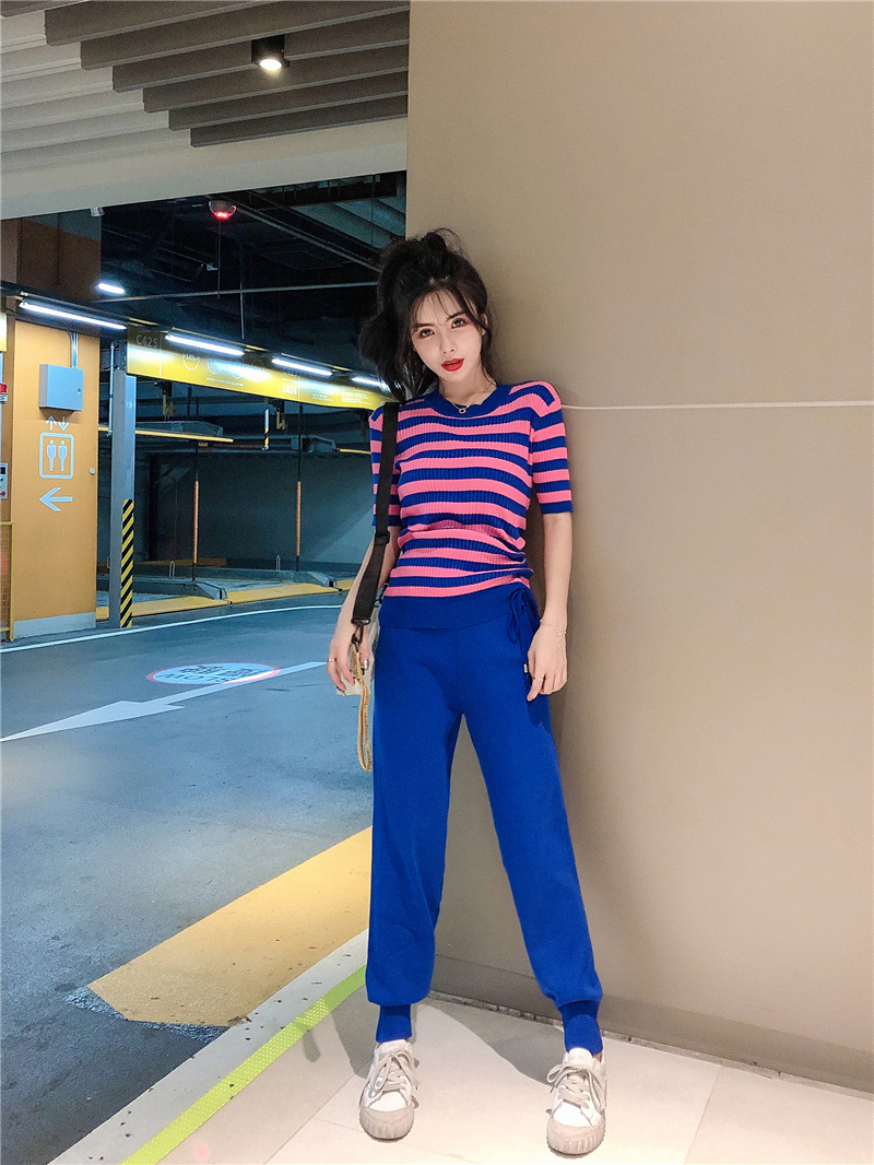 VK旗艦店 韓系休閒條紋抽繩針織套裝短袖褲裝