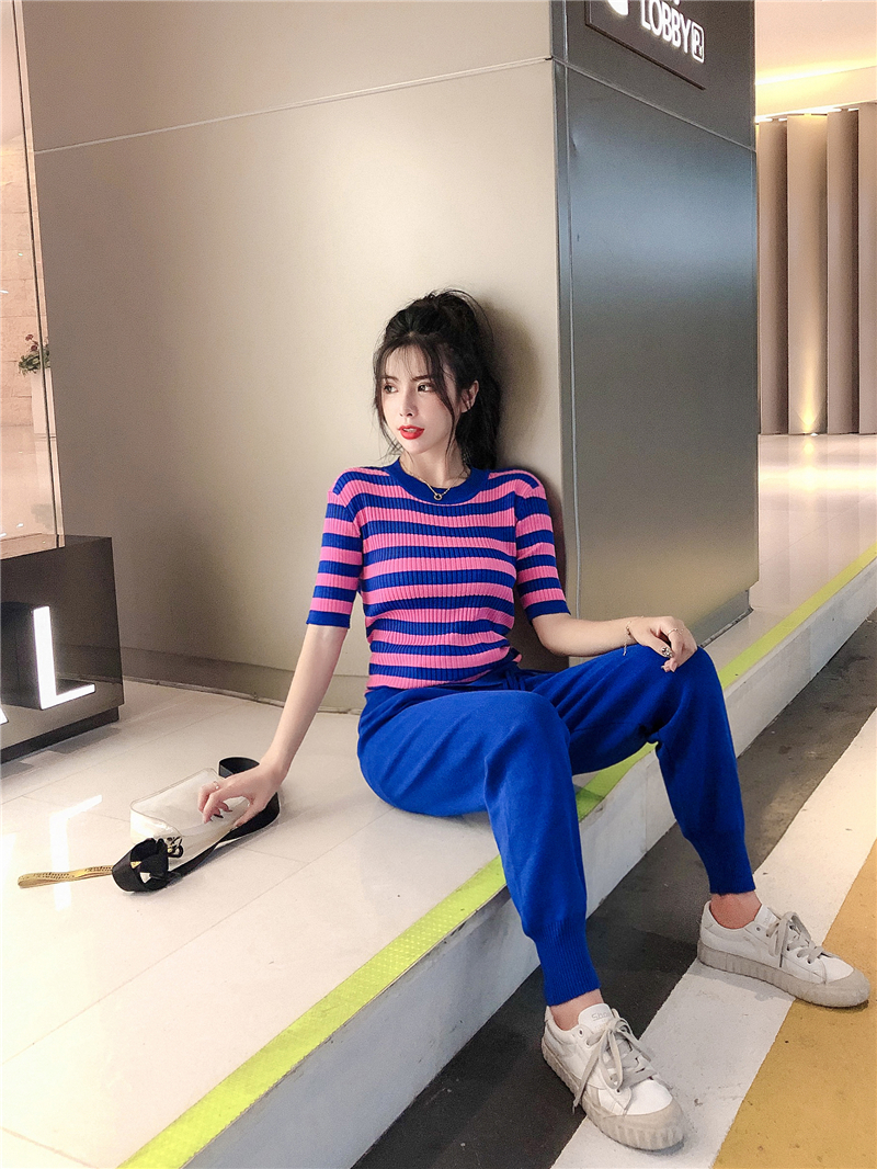 VK旗艦店 韓系休閒條紋抽繩針織套裝短袖褲裝