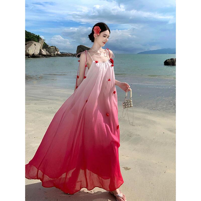 Plus Size 150kg Large Size Thai Sanya Beach Long Dress with an Atmospheric Feel, Flowing Purple Gradient Spaghetti Strap Dress Plus Size 150kg Large Size Thai Sanya Beach Long Dress with an Atmospheric Feel, Flowing Purple Gradient Spaghetti Strap Dress