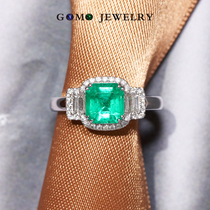 Guomao Jewelry Classic three-stone micro-oil wood green Colombian faceted emerald diamond 18k white gold ring
